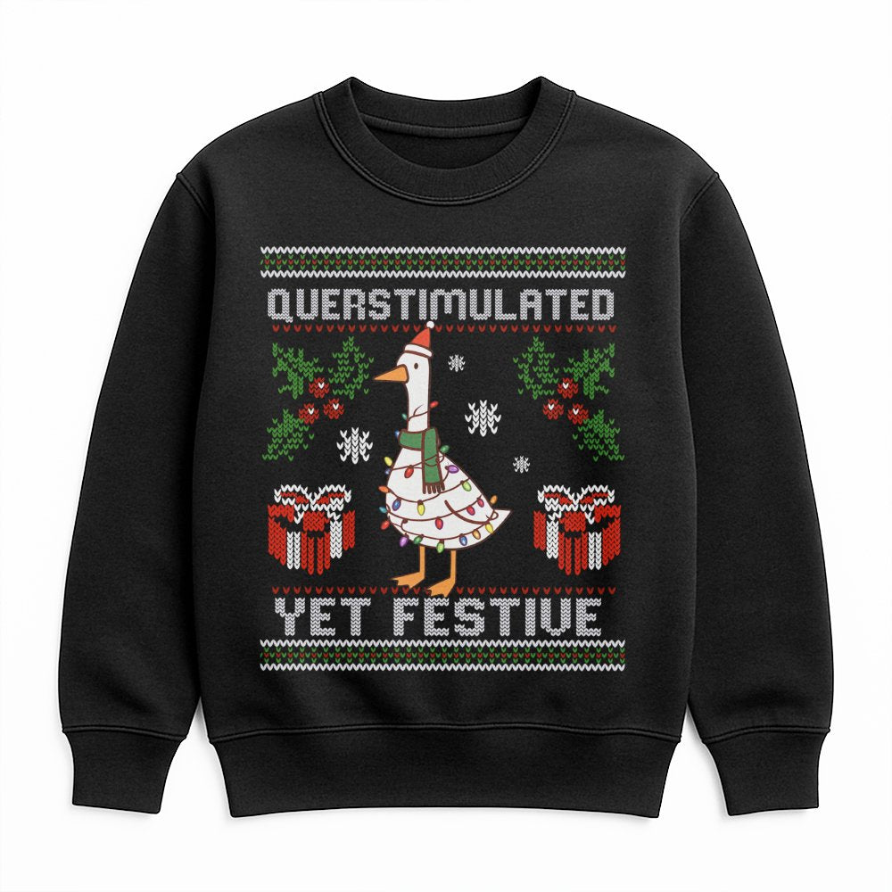 Humorous Christmas Bird Sweater, Overstimulated Yet Festive Goose Sweatshirt, Quirky Holiday Goose Crewneck, Duck Lover Xmas 