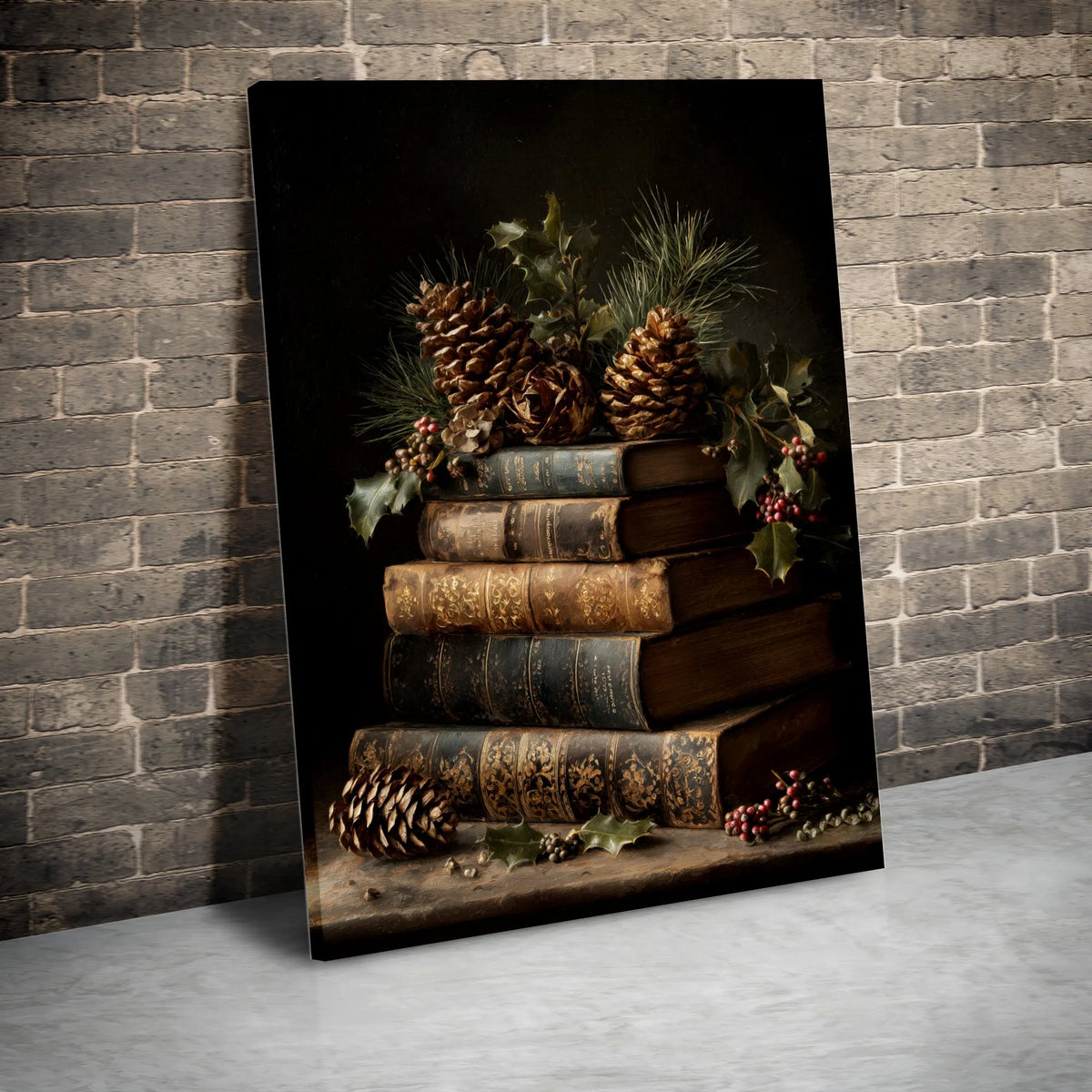 Christmas Holly Canvas Print, Vintage Book Stack Canvas Wall Art, Holiday Still Life Wall Decor, Comfy Winter Bookish Home De