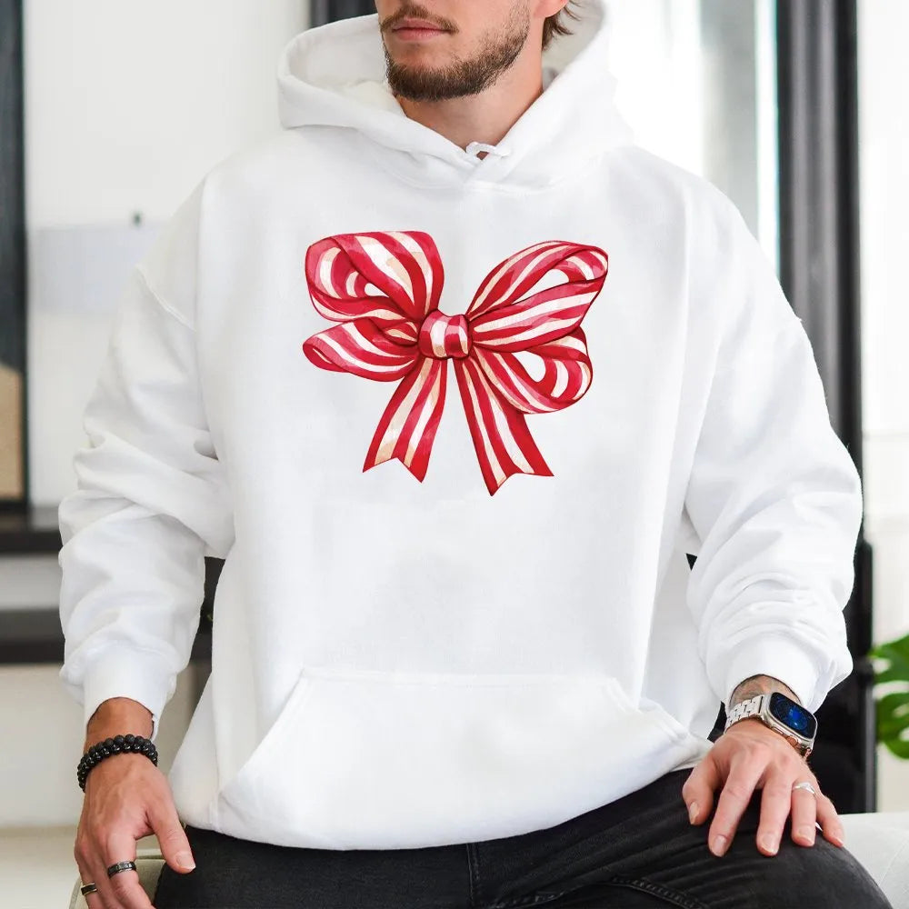 Red Striped Ribbon Sweatshirt, Christmas Bow Hoodie, Adorable Holiday Bow Hooded Pullover, Festive Christmas Graphic Hoodie, 