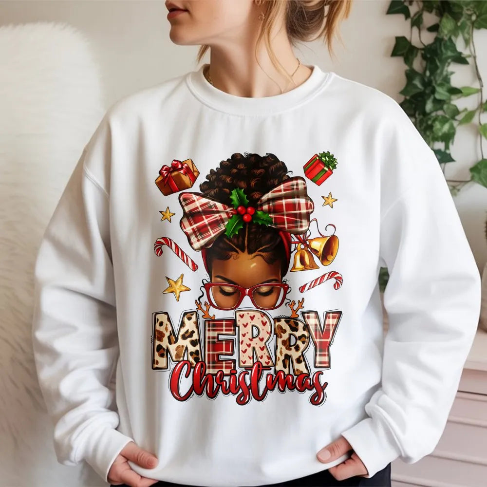 African American Holiday Sweatshirt, Afrocentric Merry Christmas Sweatshirt, Melanin Queen Plaid Bow Sweater, Black Woman Xma