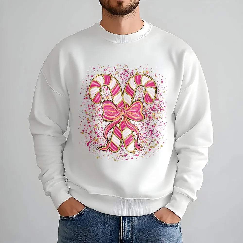 Coquette Candy Cane Sweater, Pink Candy Cane Sweatshirt, Pink Holiday Bow Crewneck, Adorable Winter Pullover, Christmas Prese