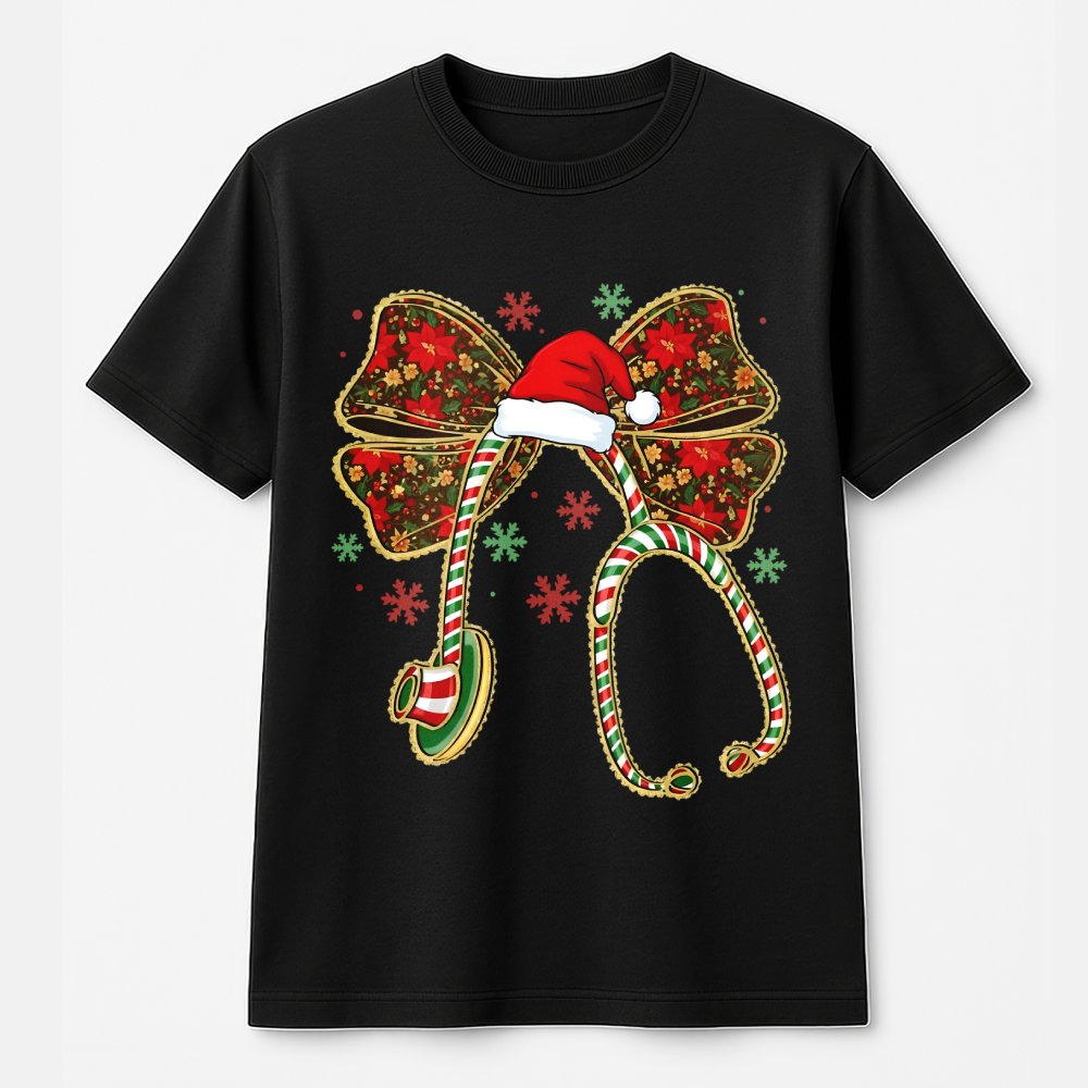 Coquette Bow Stethoscope Shirt, Christmas Nurse T-Shirt, Adorable Healthcare Holiday Tee, RN Medical Graphic T-Shirt, Nurse C