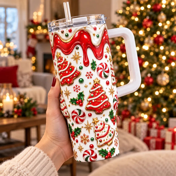 Red Drip Peppermint Holiday Tumbler, Christmas Cookie Icing Tumbler, Adorable Christmas Tree Cookie Travel Cup, Festive Holid