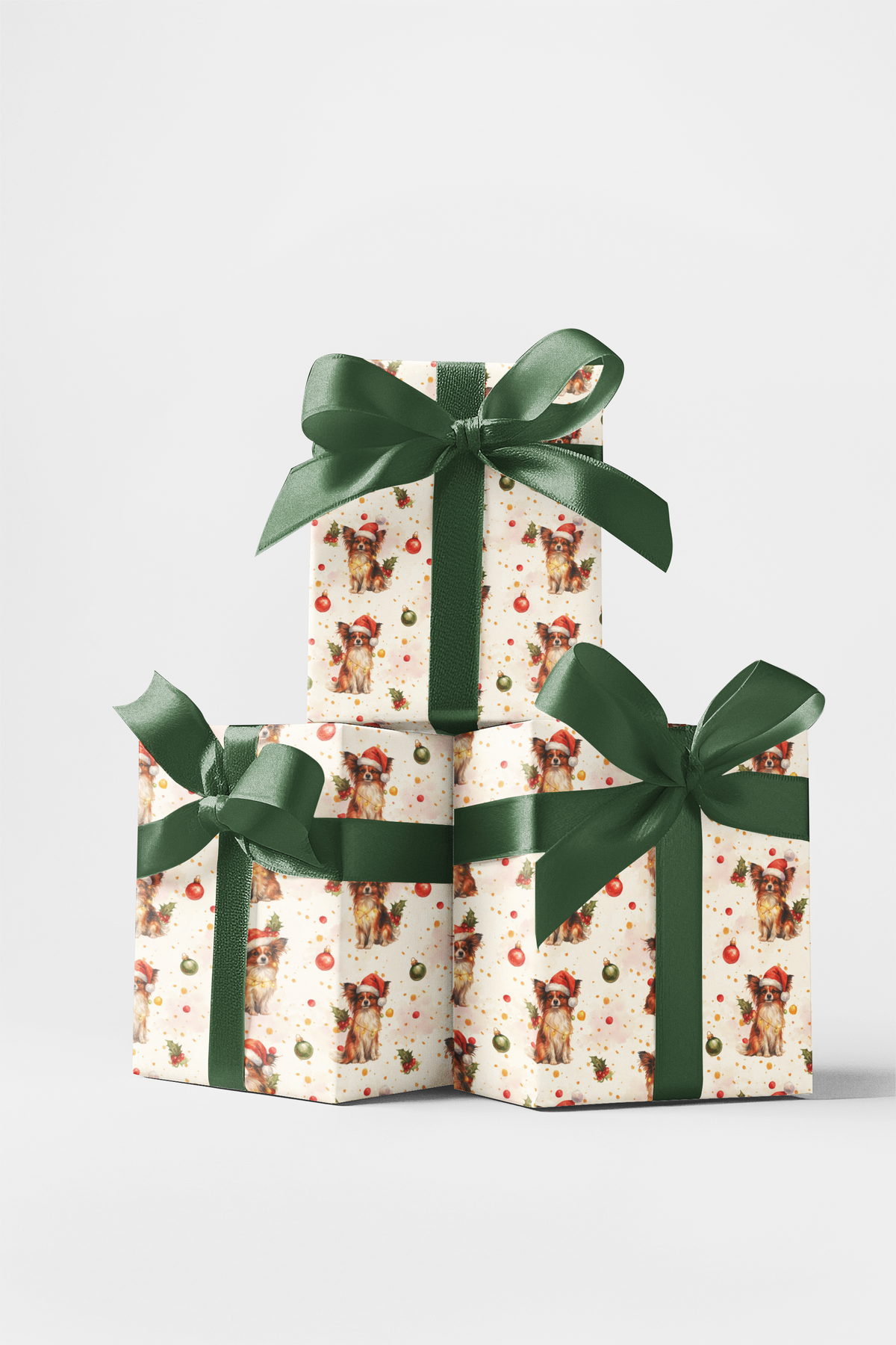 Santa Hat Holiday Gift Wrap, Papillon Dog Christmas Wrapping Paper, Adorable Butterfly Dog Wrapping Paper, Festive Winter Pet