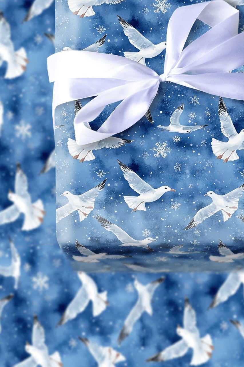 Winter Seagull Snowflake Gift Wrap, Coastal Christmas Wrapping Paper, Watercolor Nautical Wrapping Paper, Beach Holiday Xmas 
