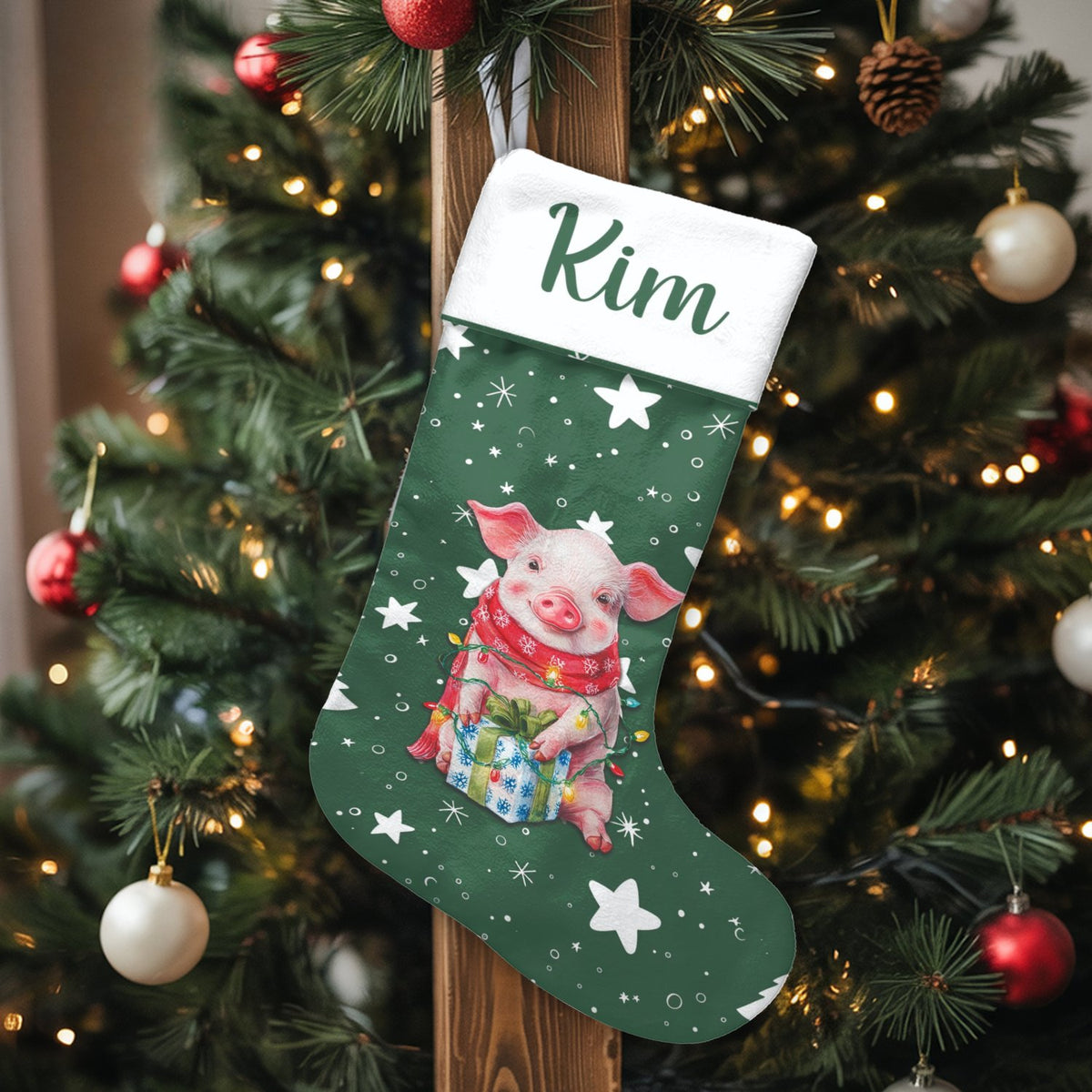 Adorable Holiday Lights Piggy Stocking, Personalized Pig Christmas Stocking, Festive Farm Animal Stocking, Custom Kids Christ
