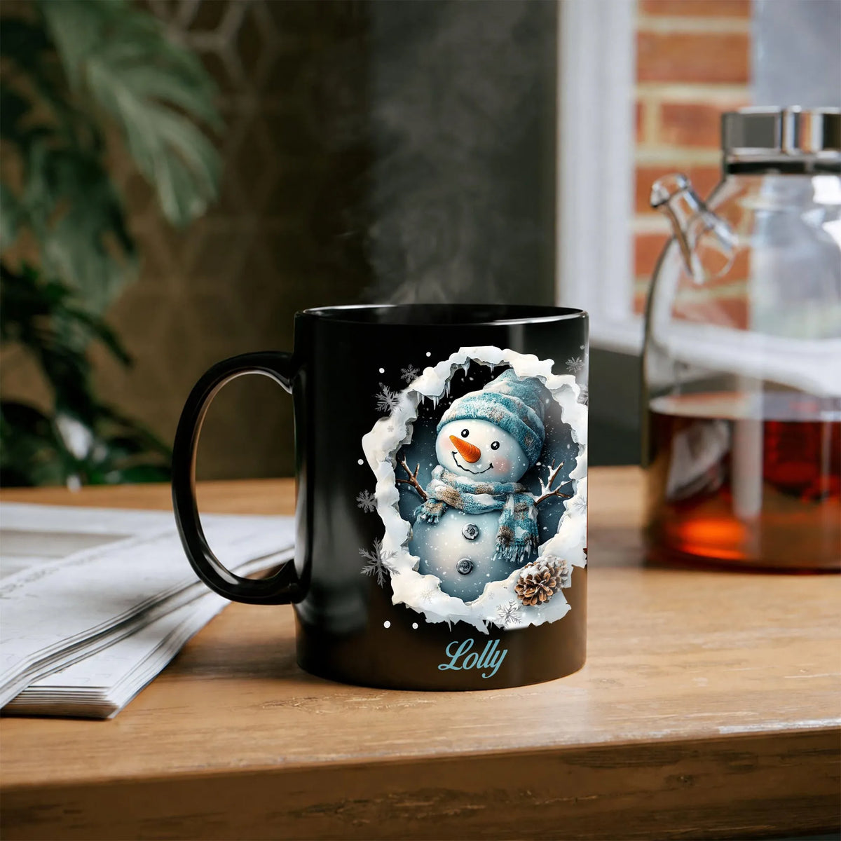 Personalized Name 3D Winter Coffee Mug, Custom Snowman Ceramic Mug, Adorable Holiday Tea Coffee Cup, Christmas Mug Present fo