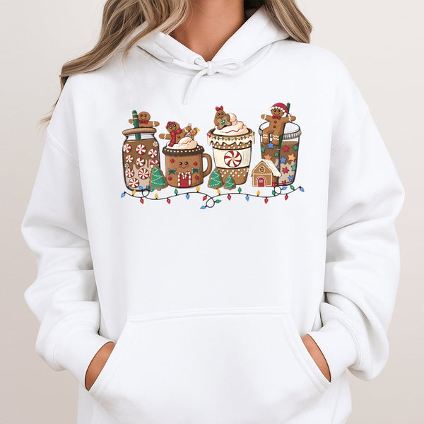 Adorable Christmas Coffee Hooded Sweatshirt, Gingerbread Hot Cocoa Hoodie, Comfy Holiday Hoodie, Festive Winter Pullover Hood