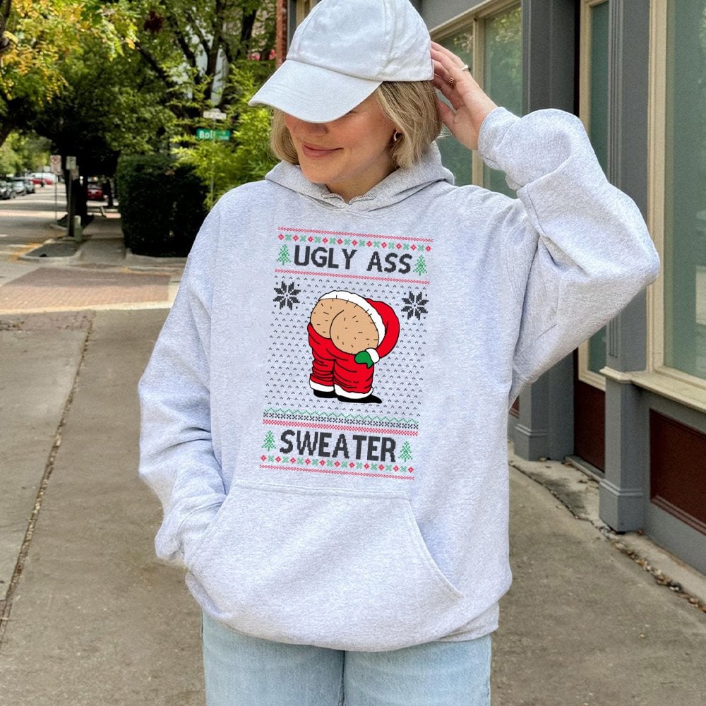 Humorous Santa Mooning Graphic Sweatshirt, Ugly Christmas Hoodie, Naughty Xmas Party Pullover, Humor Holiday Winter Present