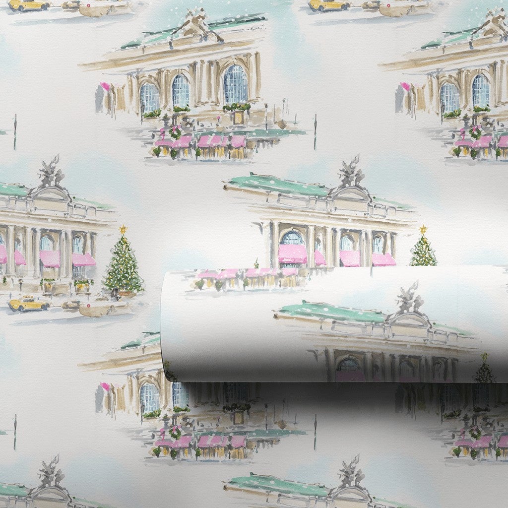 Watercolor New York Christmas Wrapping Paper, NYC Grand Central Gift Wrap, Snowy City Yellow Cab Gift Wrapping Paper, Holiday