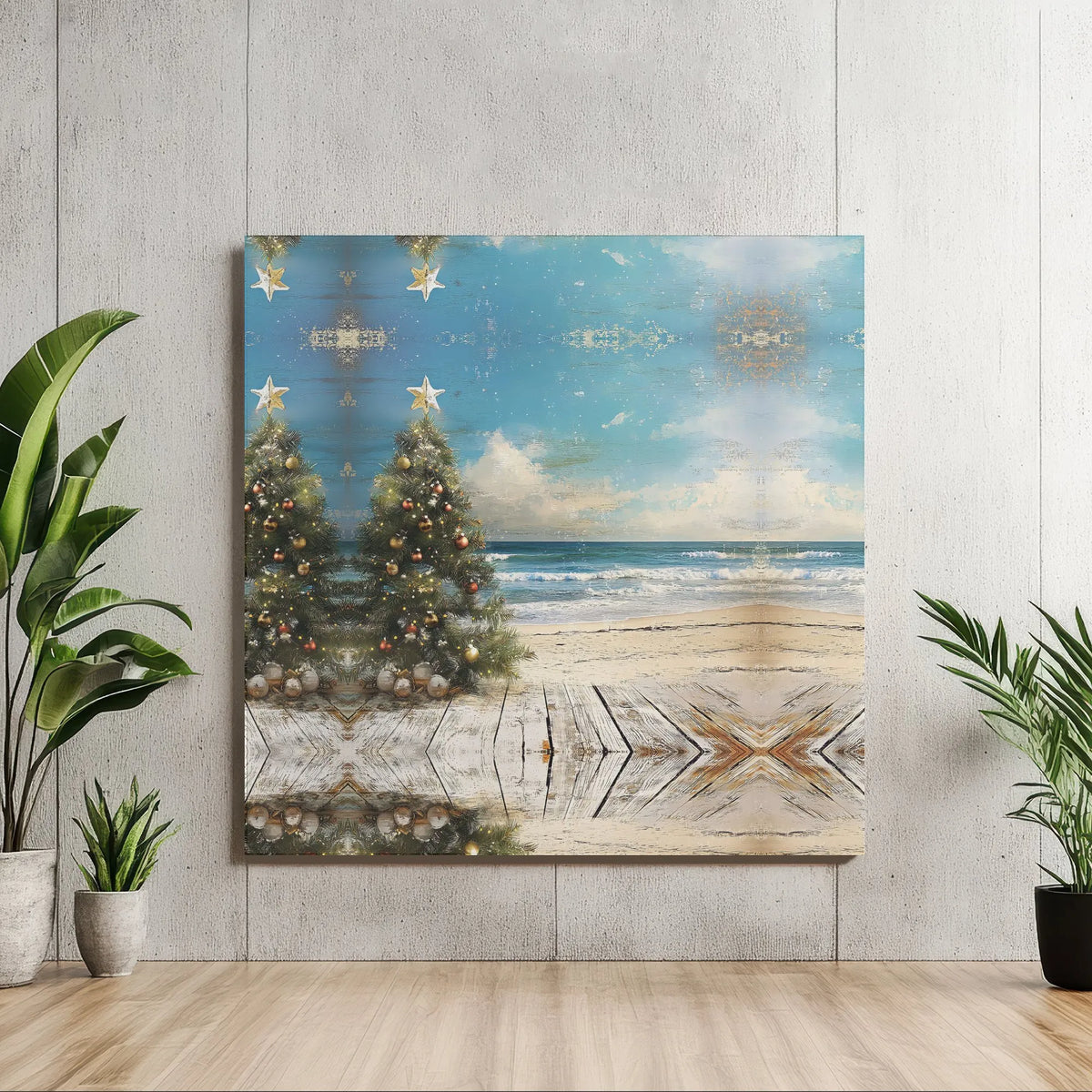 Tropical Beach Ocean View Holiday Poster, Coastal Christmas Tree Canvas Art, Coastal Winter Wall Decor, Digital Download