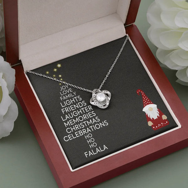 Holiday Gnome Word Art Love Knot Necklace, Christmas Love Knot Necklace, 14k White Gold Over Stainless Steel Pendant Necklace