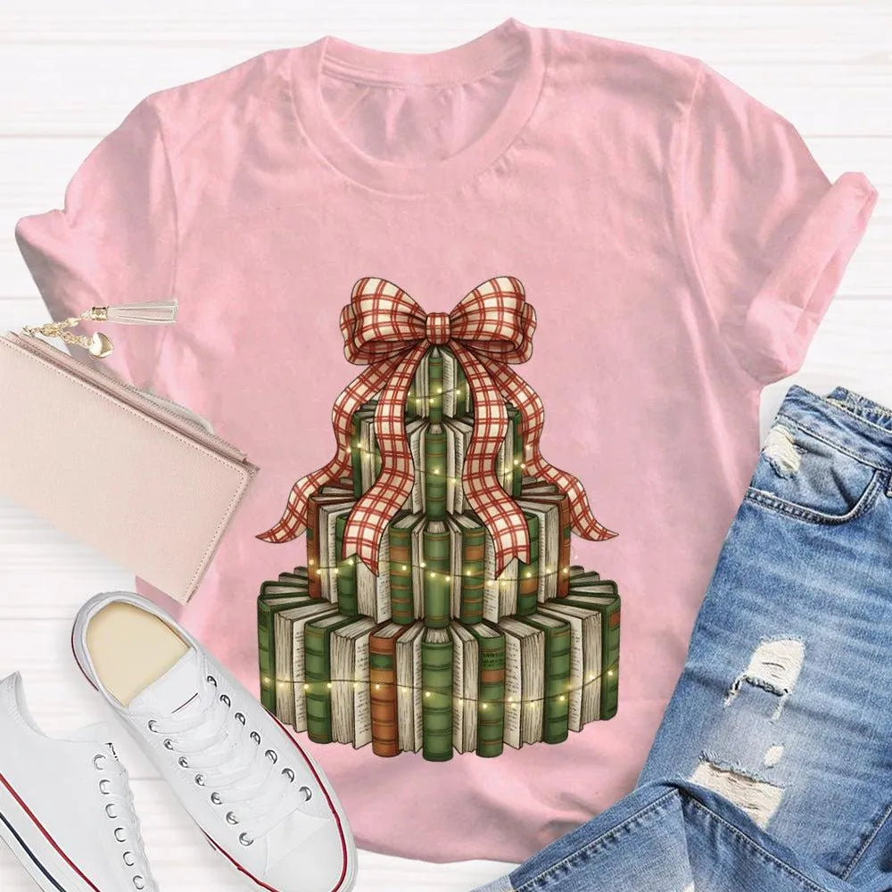 Bookworm Holiday Graphic Tee, Books Bows Lights Christmas Tree Shirt, Comfy Bookish Christmas T-Shirt, Reader Teacher Xmas Pr