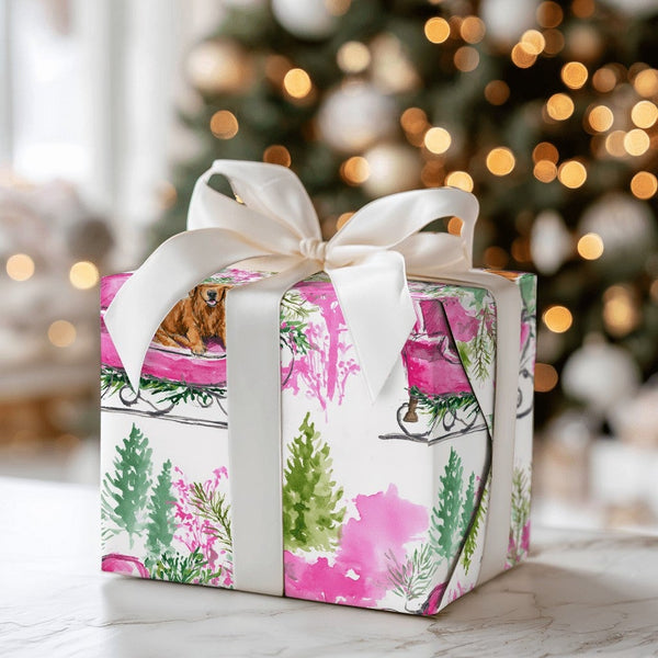 Pink Sleigh Dog Gift Wrap, Dachshund Christmas Wrapping Paper, Watercolor Weiner Dog Wrapping Paper, Festive Puppy Holiday Gi