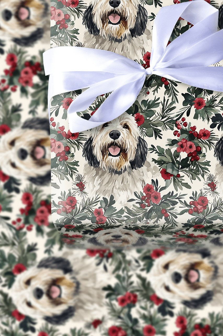 Christmas Dog Gift Wrap, Old English Sheepdog Wrapping Paper, Holiday Floral Wrapping Paper, Dog Lover Present Wrap, Winter G