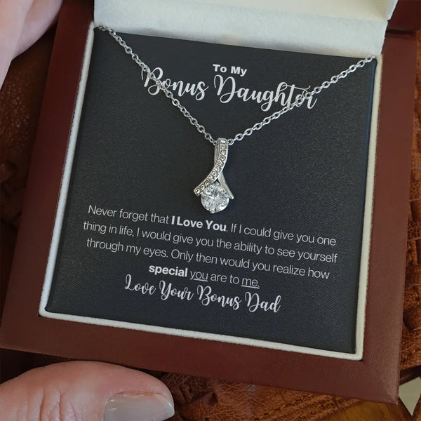 Step Dad Ribbon Pendant, Bonus Daughter Necklace, 14k White Gold Over Stainless Steel Necklace, Meaningful Birthday Christmas