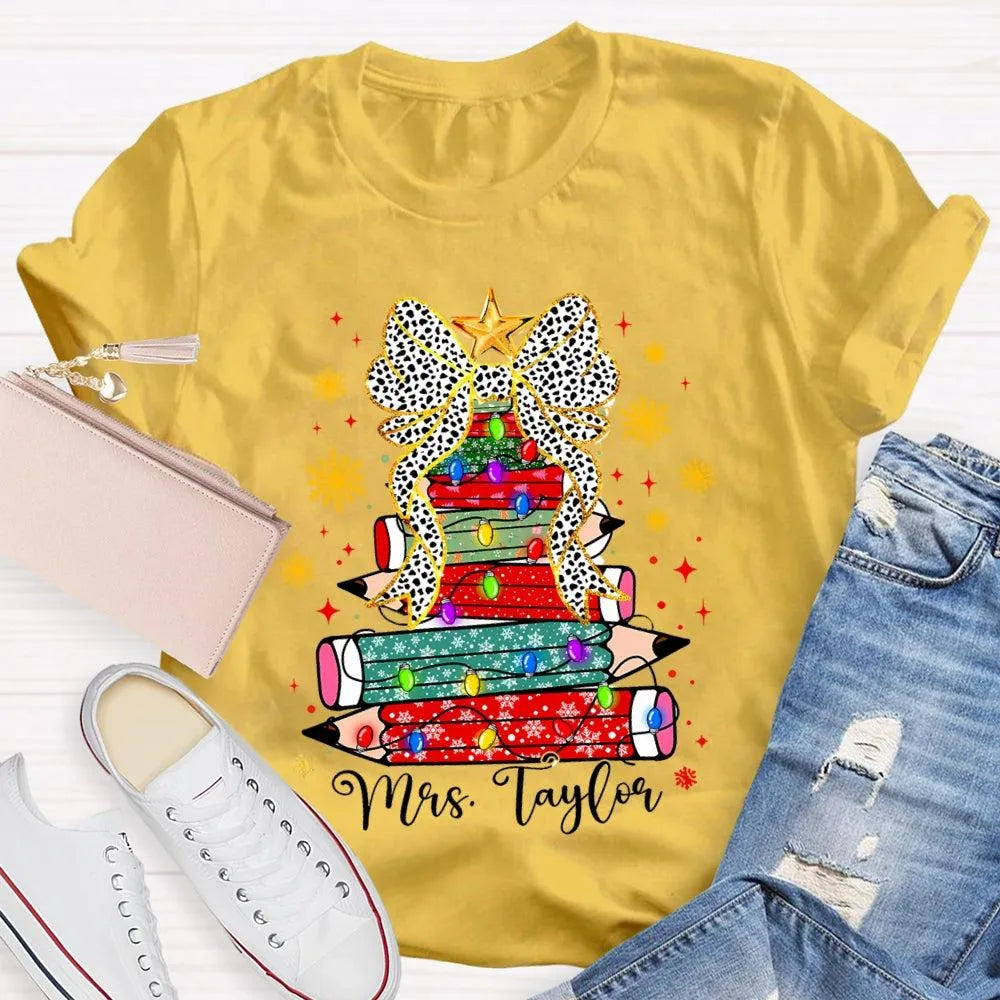 Custom Name Pencil Snowflake Tee, Personalized Teacher Christmas Tree Shirt, Holiday Teacher T-Shirt, Christmas Teacher Prese