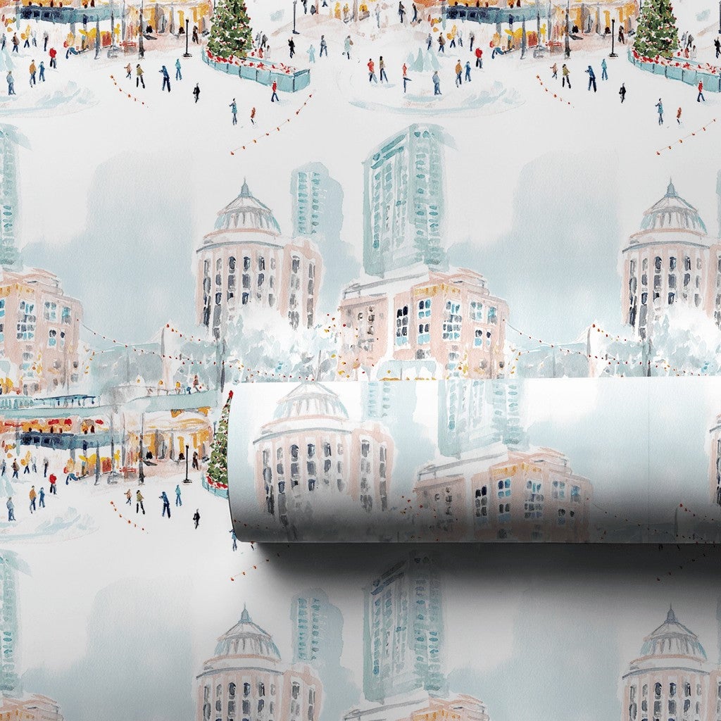 Winter Town Square Gift Wrap, Ice Skating City Wrapping Paper, Festive Christmas Tree Wrapping Paper, Holiday Season Wrapping