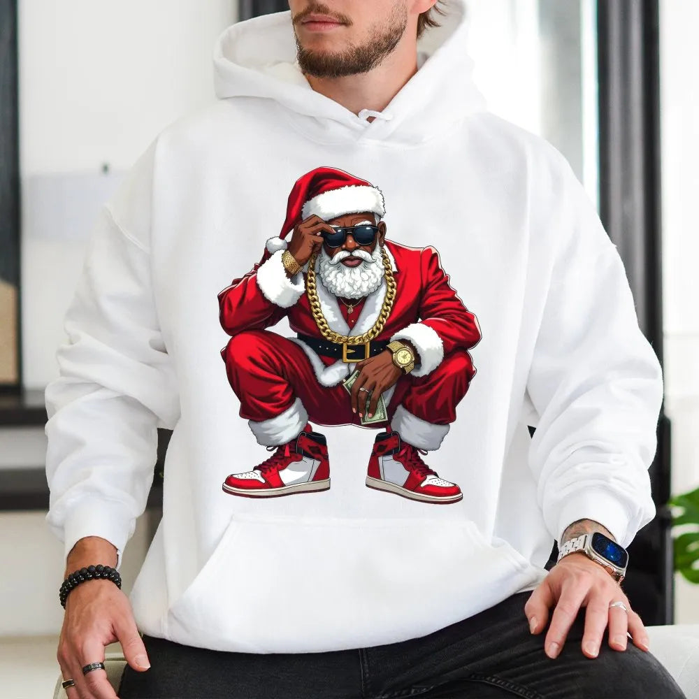 Hip Hop Streetwear Christmas Hoodie, Black Santa Hoodie, Humorous Retro Santa Hooded Sweatshirt, Urban Holiday Graphic Pullov
