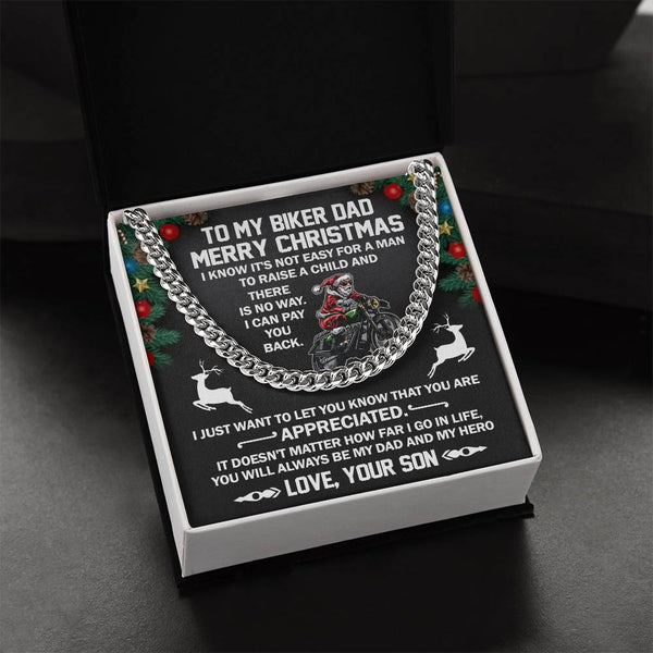 Motorcycle Rider Chain from Son, Biker Dad Cuban Link Chain Necklace, Personalized Christmas Message Card Chain, Mens Biker J