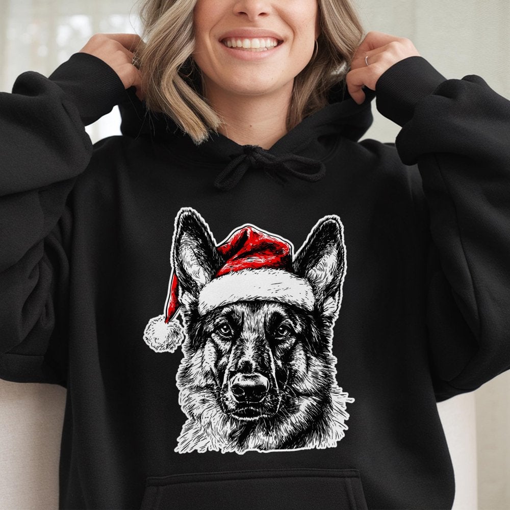 Festive Santa Hat Dog Sweatshirt, German Shepherd Hoodie, Christmas Pet Lover Hoodie, Holiday Puppy Graphic Pullover