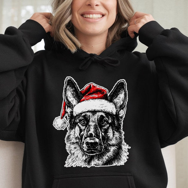 Festive Santa Hat Dog Sweatshirt, German Shepherd Hoodie, Christmas Pet Lover Hoodie, Holiday Puppy Graphic Pullover