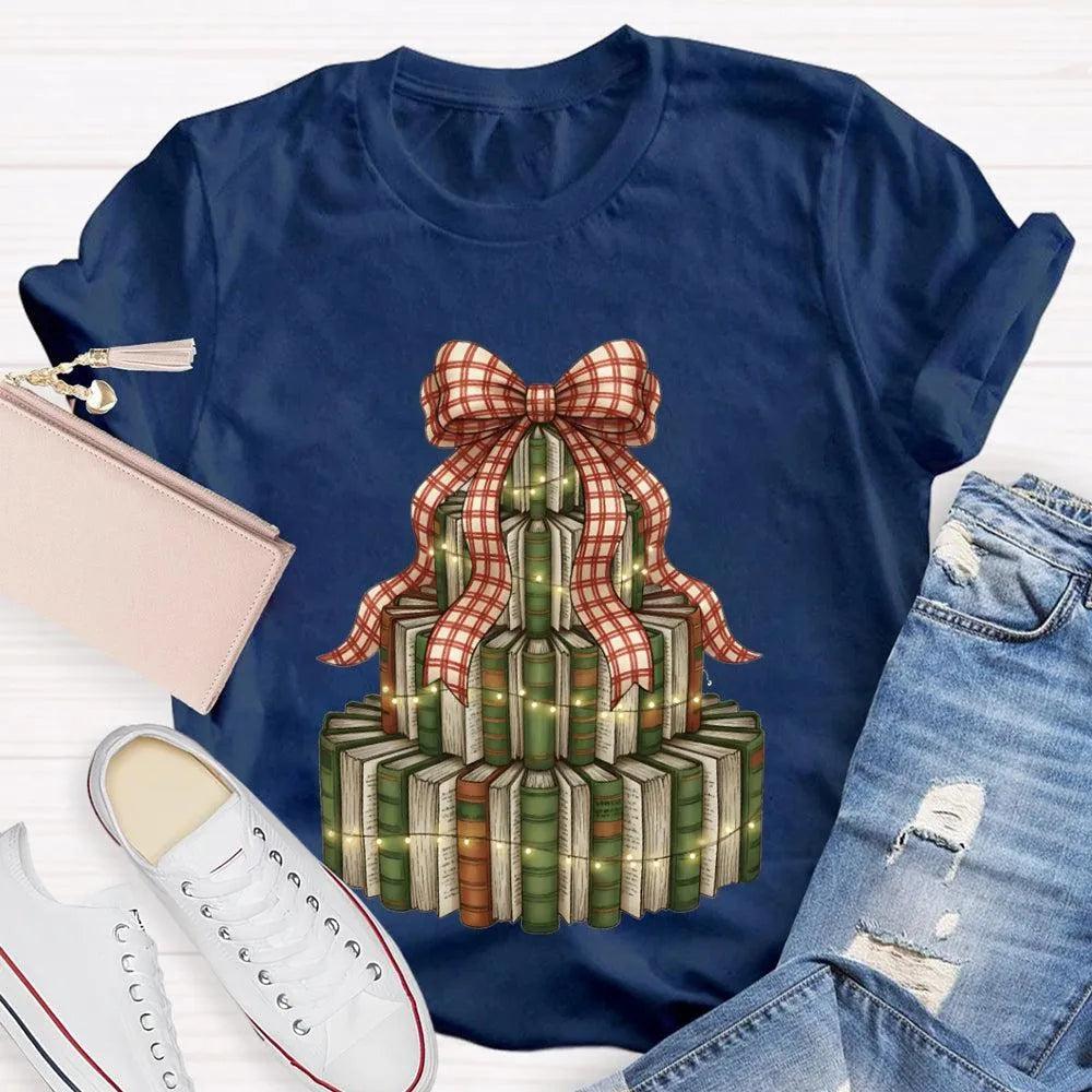Bookworm Holiday Graphic Tee, Books Bows Lights Christmas Tree Shirt, Comfy Bookish Christmas T-Shirt, Reader Teacher Xmas Pr
