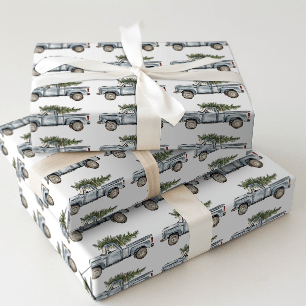 Farmhouse Tree Holiday Wrapping Paper, Vintage Blue Truck Christmas Wrapping Paper, Watercolor Rustic Xmas Gift Wrap, Winter 