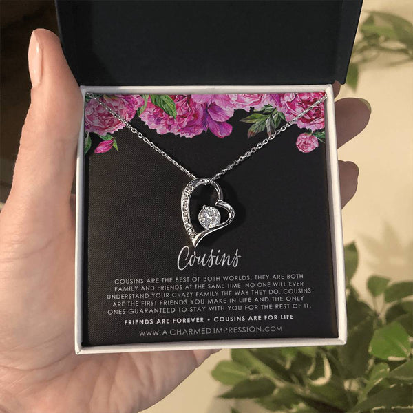 Heart Pendant with CZ Crystal, Cousin Forever Love Necklace, Meaningful Birthday Jewelry Necklace, Keepsake Christmas Heart N
