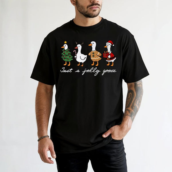 Humorous Christmas Goose Graphic Tee, Just A Jolly Goose T-Shirt, Adorable Holiday Duck Shirt, Vintage Animal Festive Winter 