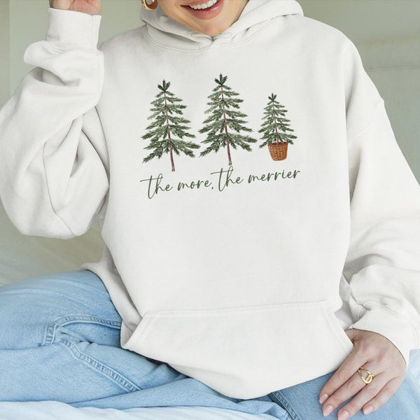 Minimalist Holiday Pine Tree Hooded Sweatshirt, The More the Merrier Christmas Hoodie, Comfy Winter Forest Pullover, Adorable