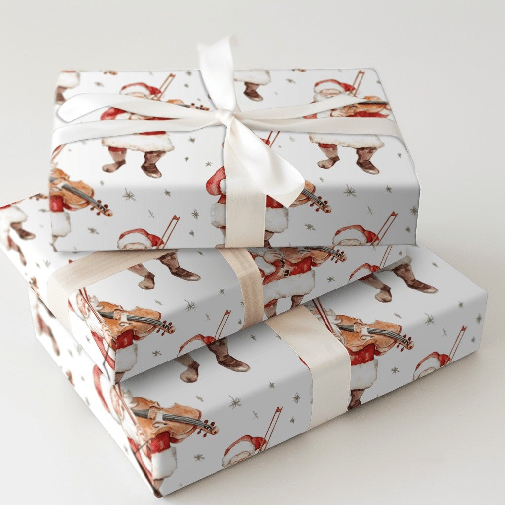 Musical Christmas Gift Wrap, Watercolor Santa Violin Wrapping Paper, Violinist Holiday Present Paper, Festive Xmas Gift Wrap