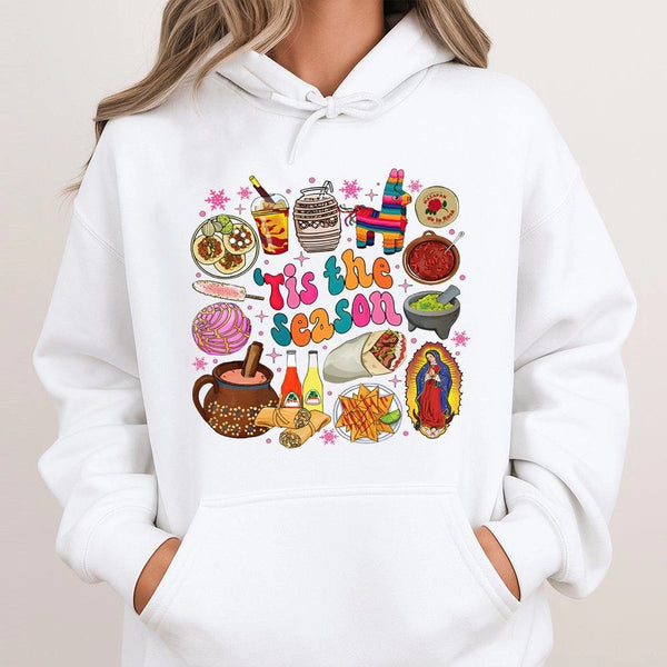 Tis the Season Food Graphic Hoodie, Mexican Christmas Hoodie, Hispanic Culture Christmas Sweatshirt, Latino Holiday Pullover 
