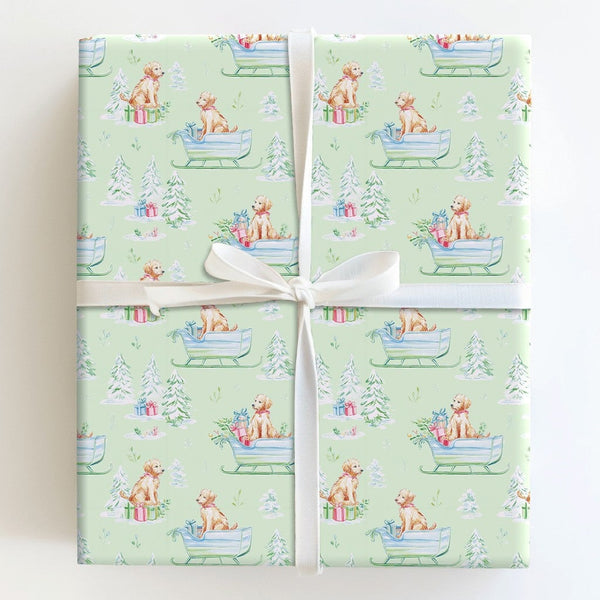 Watercolor Dog Christmas Gift Wrap, Golden Doodle Sleigh Wrapping Paper, Puppy Winter Holiday Wrapping Paper, Dog Lover Gift 
