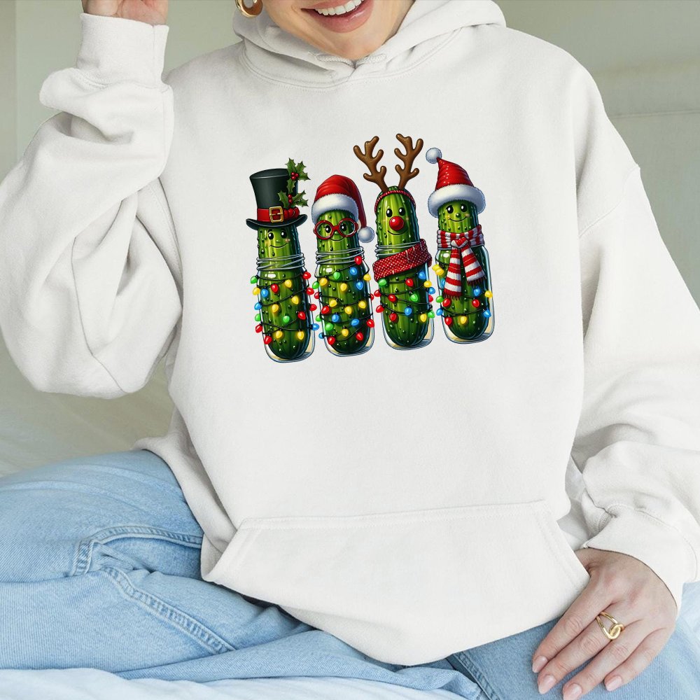 Adorable Dill Pickle Hoodie, Humorous Christmas Pickle Hoodie, Festive Character Xmas Hoodie, Holiday Food Humor Sweatshirt, 