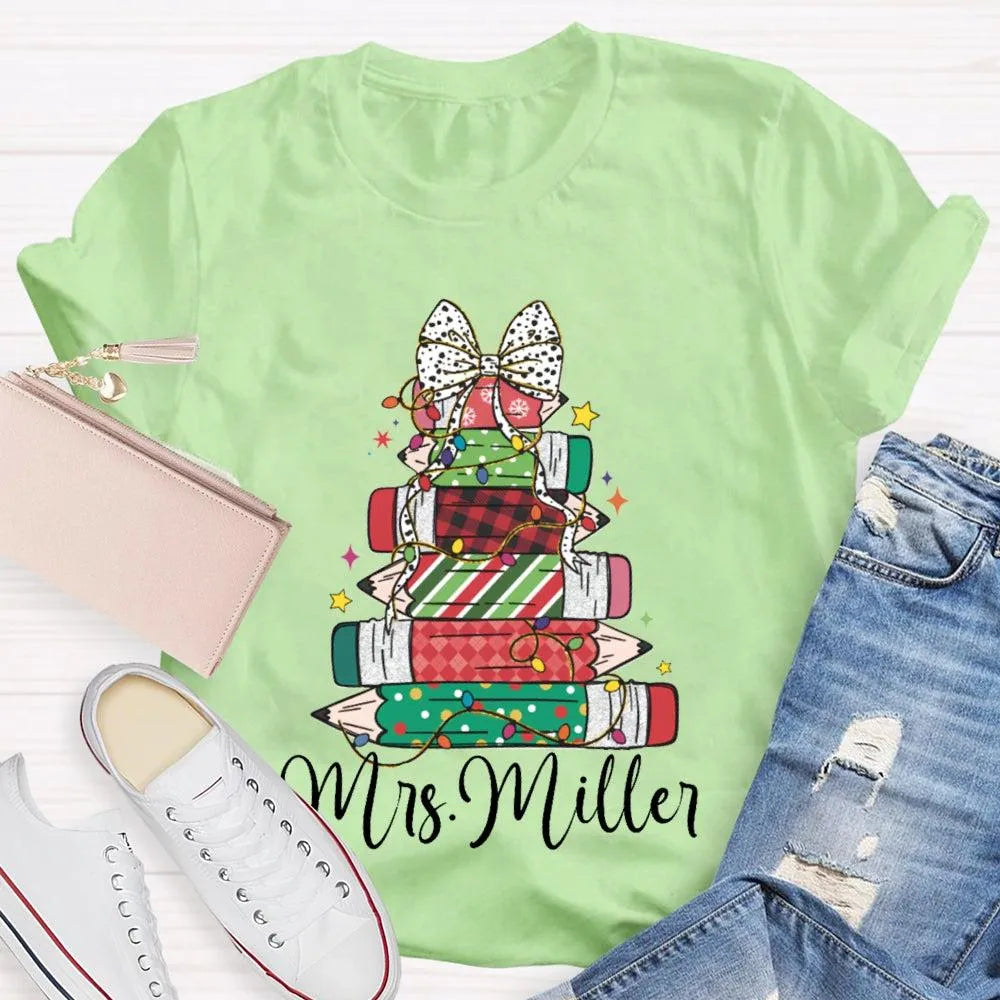 Colorful Crayons Bows Holiday Shirt, Personalized Christmas T-Shirt, Custom Name Kids Xmas Graphic Tee, Festive School Party 