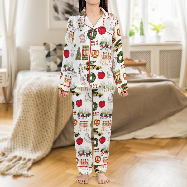 Festive NYC Holiday Pajamas, New York Christmas Satin Pajama Set, Silky Button Up Sleepwear, Winter City Graphic Lounge Set