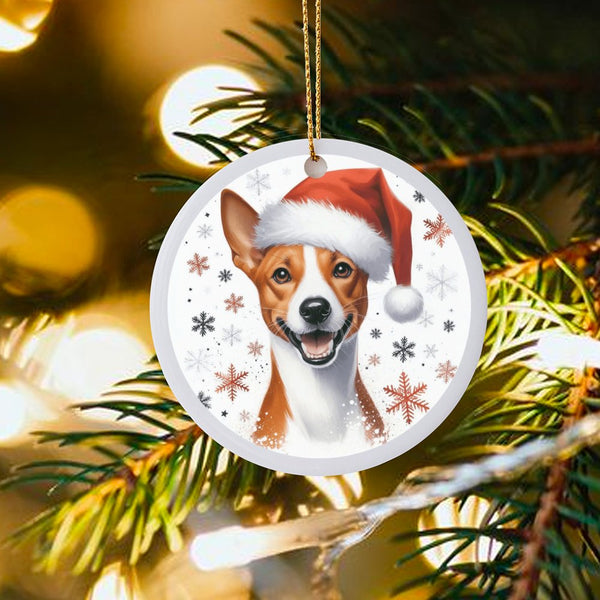 Santa Hat Snowflakes Tree Ornament, Basenji Dog Christmas Ornament, Ceramic Dog Breed Holiday Ornament, Festive Pet Keepsake,