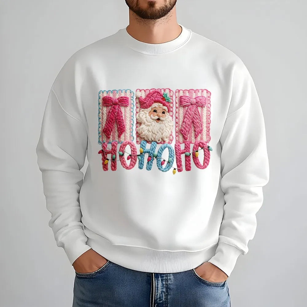Faux Yarn Crochet Effect Crewneck, Santa Claus Christmas Sweatshirt, Retro Holiday Graphic Sweater, Comfy Winter Xmas Apparel