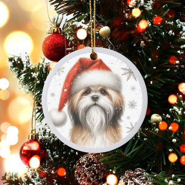 Adorable Santa Hat Puppy Ceramic Ornament, Shih Tzu Dog Christmas Ornament, Pet Lover Tree Ornament, Holiday Keepsake, Presen