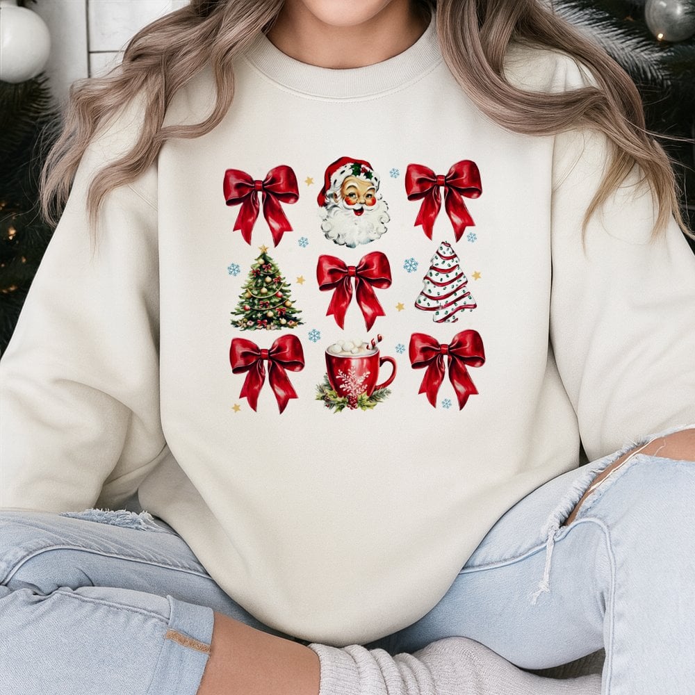 Red Bows Holiday Sweatshirt, Retro Santa Christmas Sweatshirt, Vintage Adorable Santa Graphic Crewneck, Festive Xmas Sweatshi