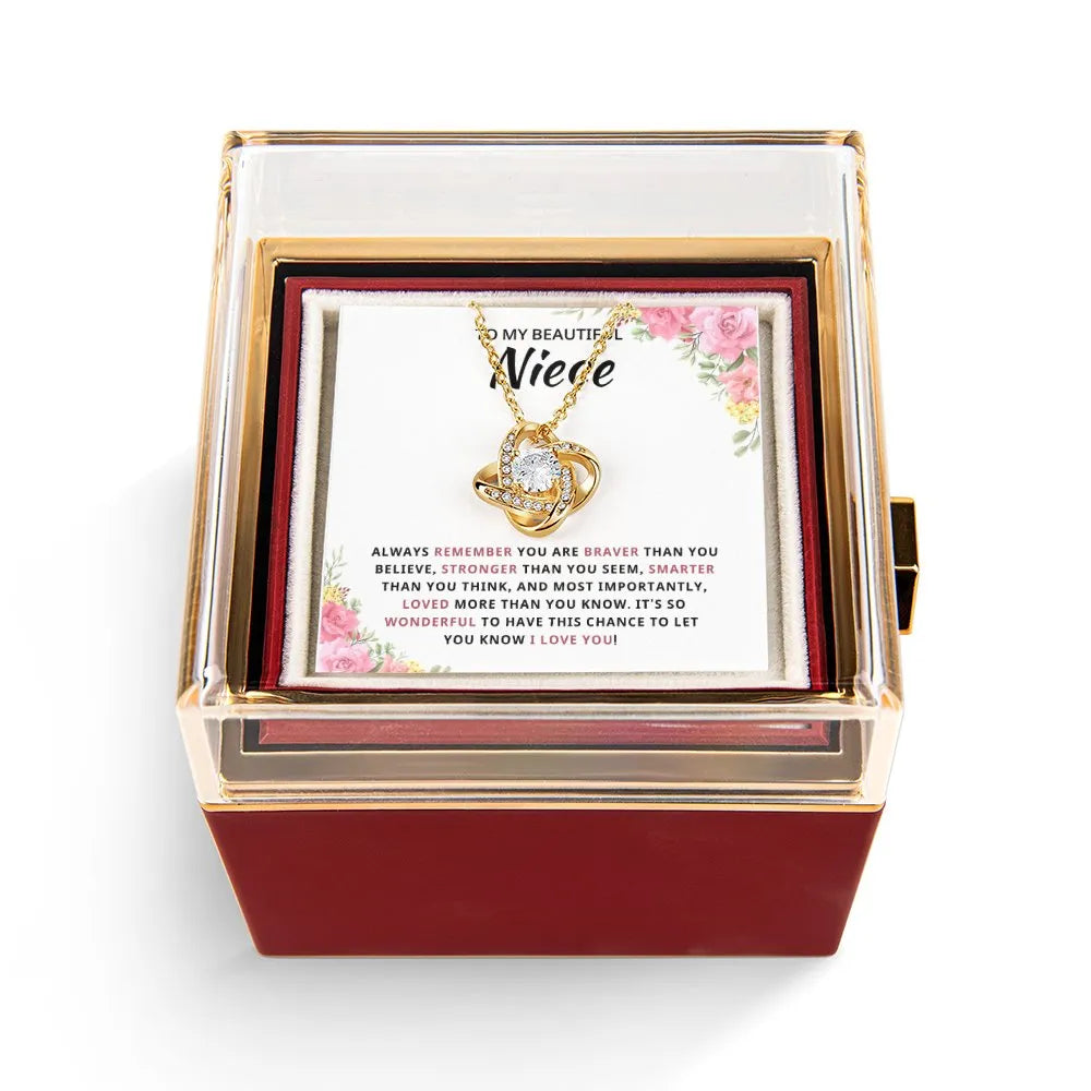 Gold CZ Crystal Pendant Jewelry, Niece Love Knot Necklace with Rotating Rose Box, Birthday Present for Niece, Christmas Prese