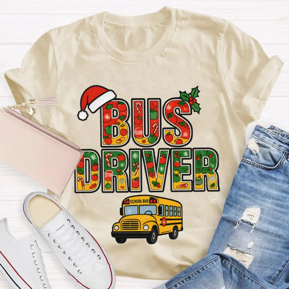 Santa Hat Bus Driver Graphic Tee, School Bus Driver Christmas T-Shirt, Humorous Holiday Driver Shirt, Transportation Staff Xm
