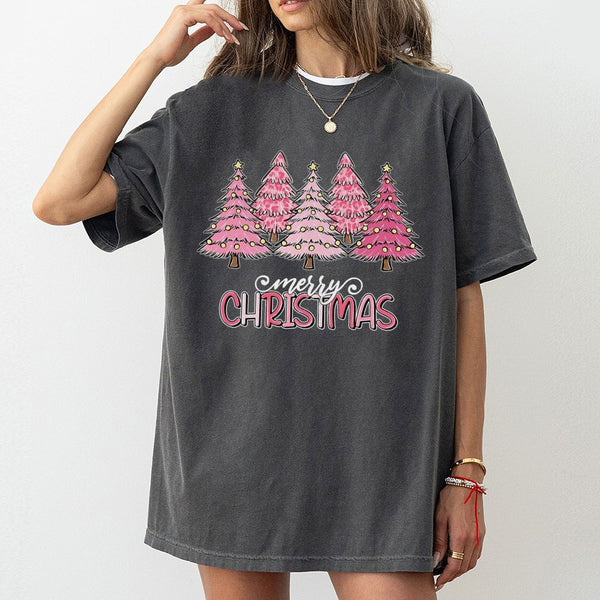 Pink Leopard Print Tree Graphic Tee, Merry Christmas T-Shirt, Adorable Holiday Season T-Shirt, Retro Womens Xmas Shirt, Famil
