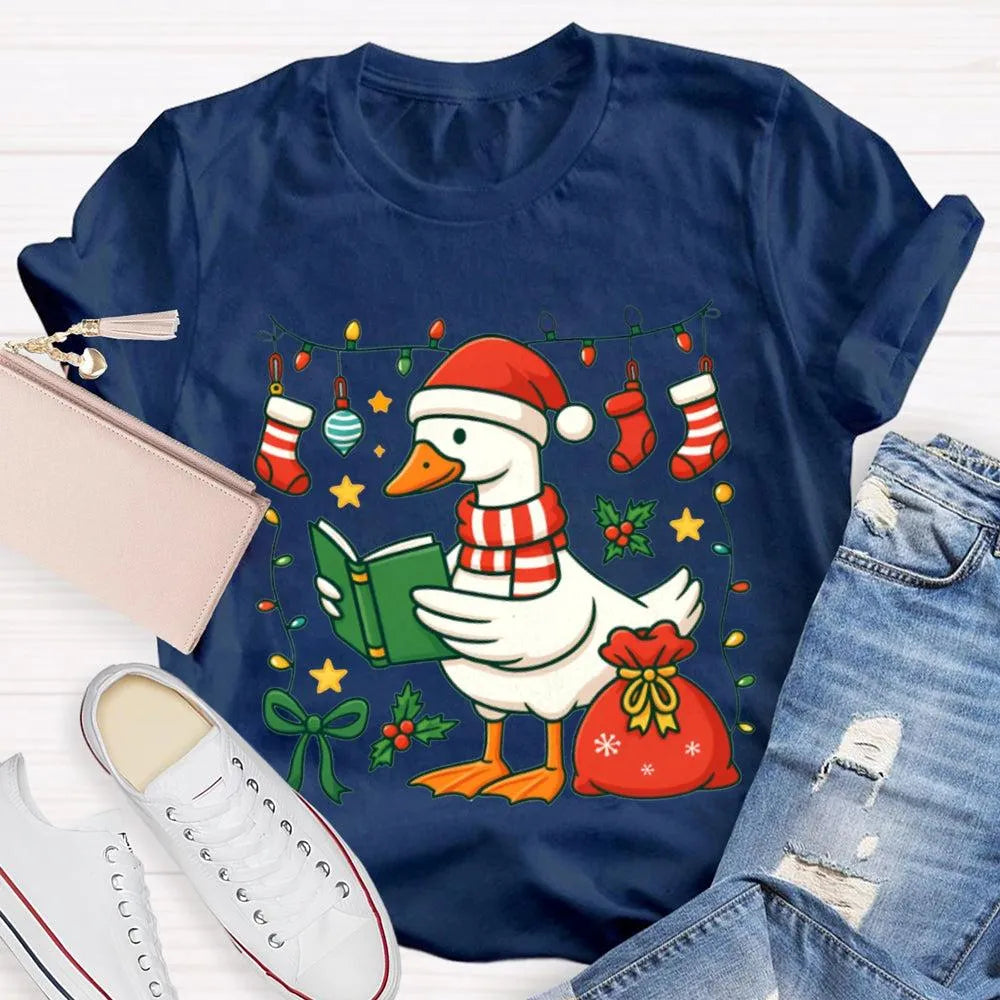 Humorous Holiday Bookworm Goose Shirt, Christmas Goose Reading Book T-Shirt, Adorable Winter Reading Tee, Book Lover Christma