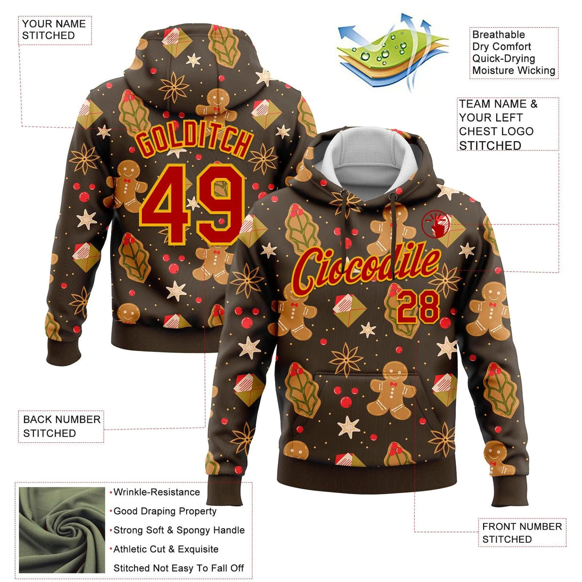 Holiday 3D Pattern Sports Hoodie, Custom Christmas Gingerbread Hoodie, Personalized Name Number Pullover Hoodie, Festive Xmas