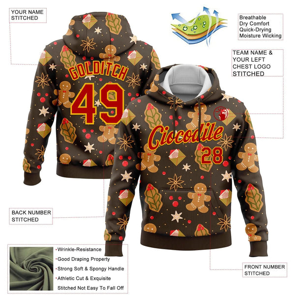 Holiday 3D Pattern Sports Hoodie, Custom Christmas Gingerbread Hoodie, Personalized Name Number Pullover Hoodie, Festive Xmas