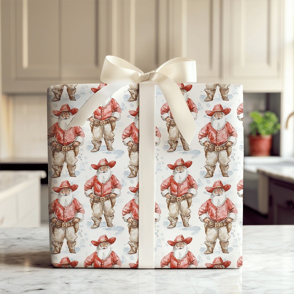 Wild West Watercolor Santa Gift Wrap, Cowboy Santa Christmas Wrapping Paper, Rustic Chaps Santa Wrapping Paper, Country Holid