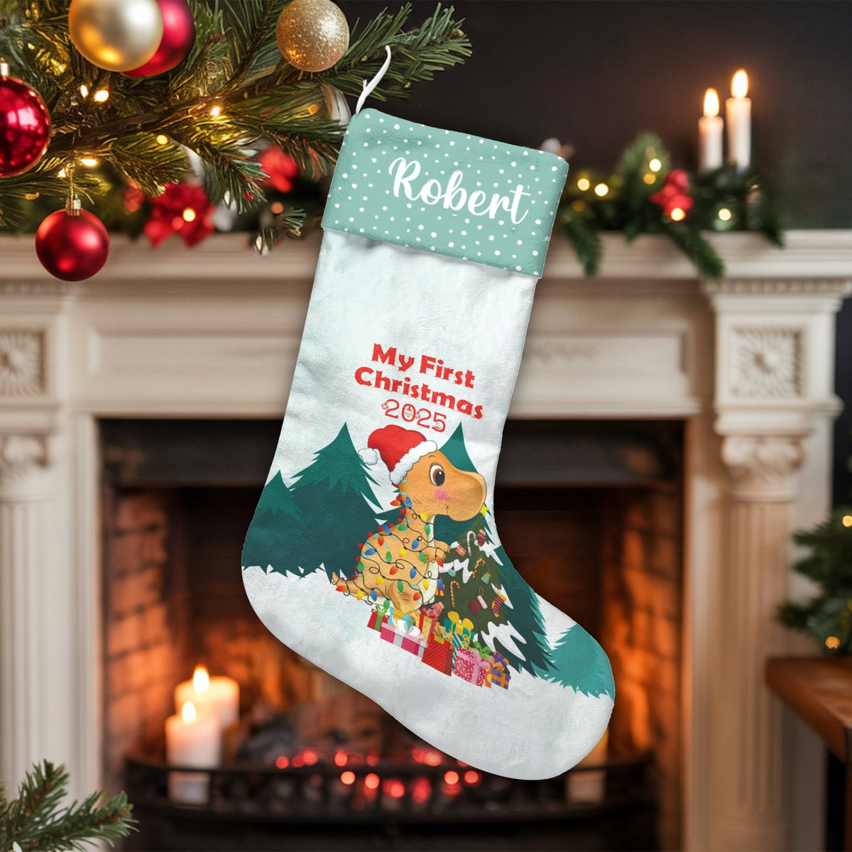 First Christmas 2025 Baby Stocking, Dinosaur Christmas Stocking, Personalized Holiday Stocking, Custom Name Stocking, Xmas Ke