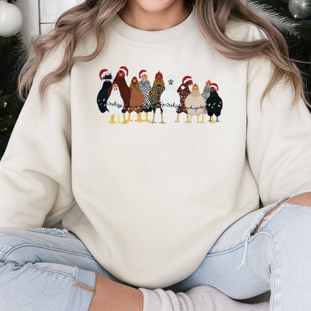 Festive Farm Animal Holiday Lights Graphic Crewneck, Christmas Chicken Sweatshirt, Adorable Winter Pullover, Chicken Lover Pr
